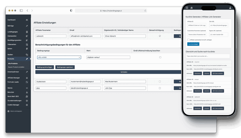 Affiliate Manager, QR Code und Kurzlink Generator mit mylandingpage.ai